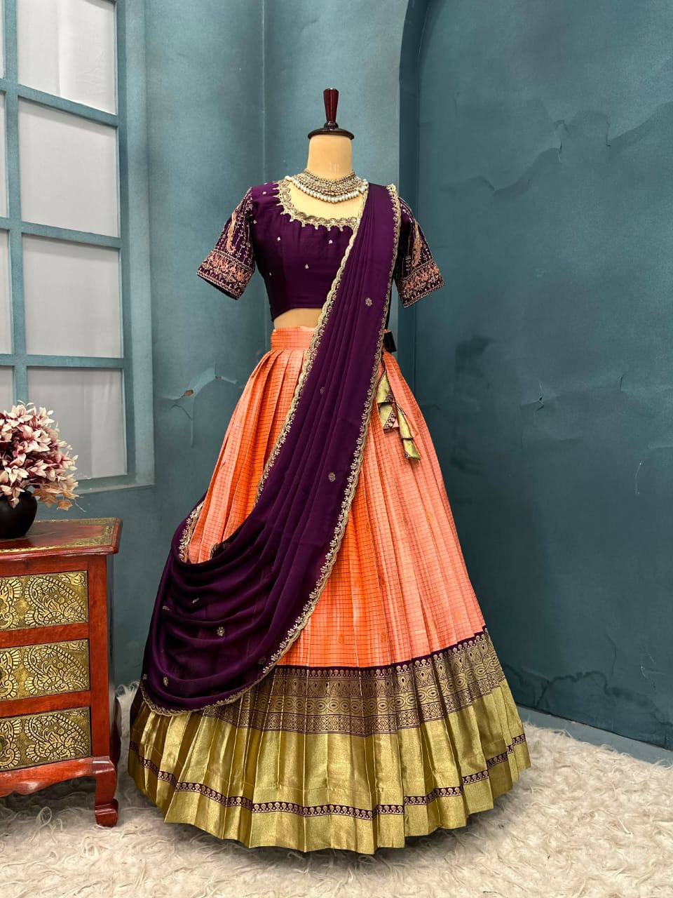 Exquisite Pure Kanjivaram Silk Ready-to-Wear Designer Halfsaree Set with Heavy Maggam Work Blouse & Embroidered Dupatta