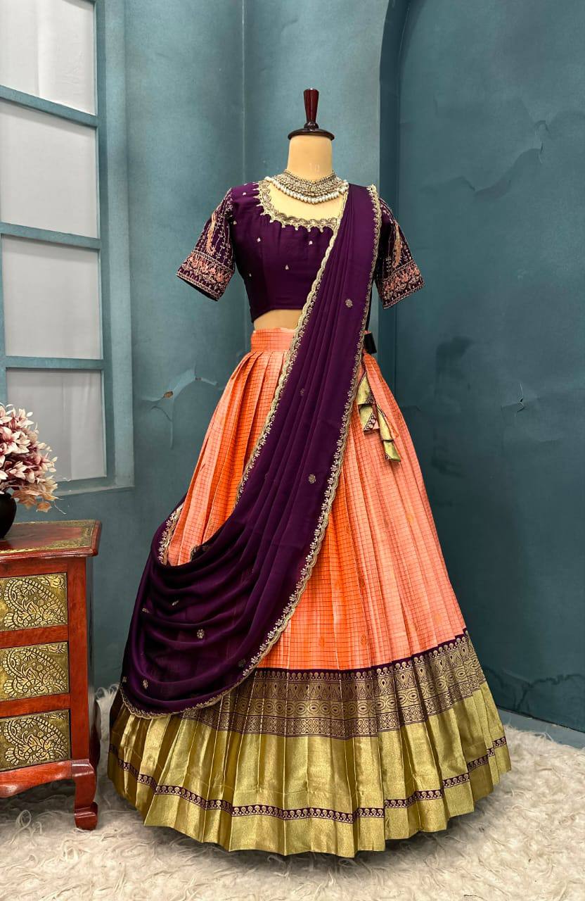 Exquisite Pure Kanjivaram Silk Ready-to-Wear Designer Halfsaree Set with Heavy Maggam Work Blouse & Embroidered Dupatta