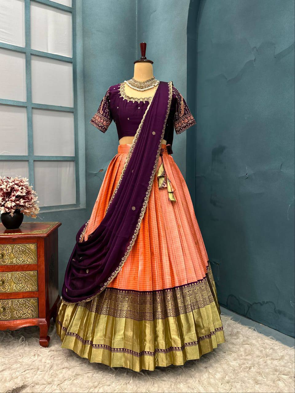 Exquisite Pure Kanjivaram Silk Ready-to-Wear Designer Halfsaree Set with Heavy Maggam Work Blouse & Embroidered Dupatta