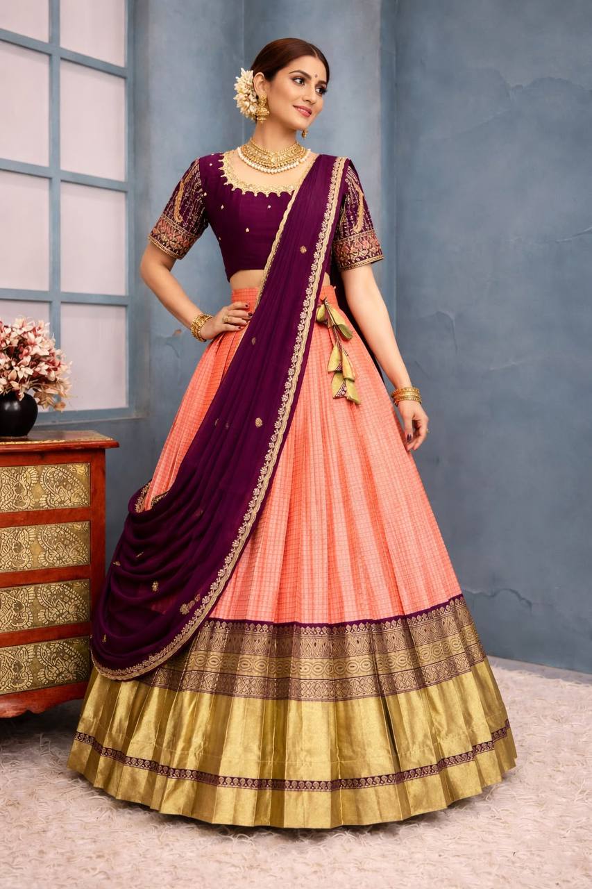 Exquisite Pure Kanjivaram Silk Ready-to-Wear Designer Halfsaree Set with Heavy Maggam Work Blouse & Embroidered Dupatta