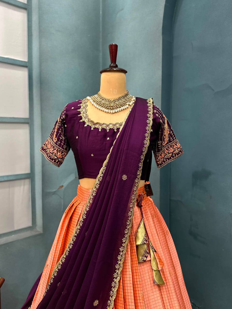 Exquisite Pure Kanjivaram Silk Ready-to-Wear Designer Halfsaree Set with Heavy Maggam Work Blouse & Embroidered Dupatta