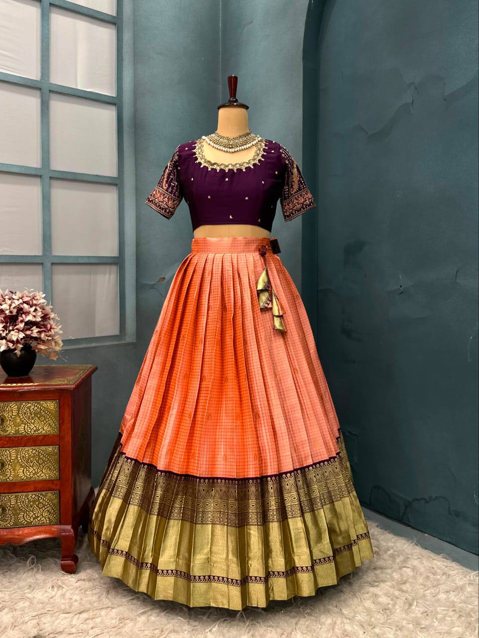 Exquisite Pure Kanjivaram Silk Ready-to-Wear Designer Halfsaree Set with Heavy Maggam Work Blouse & Embroidered Dupatta