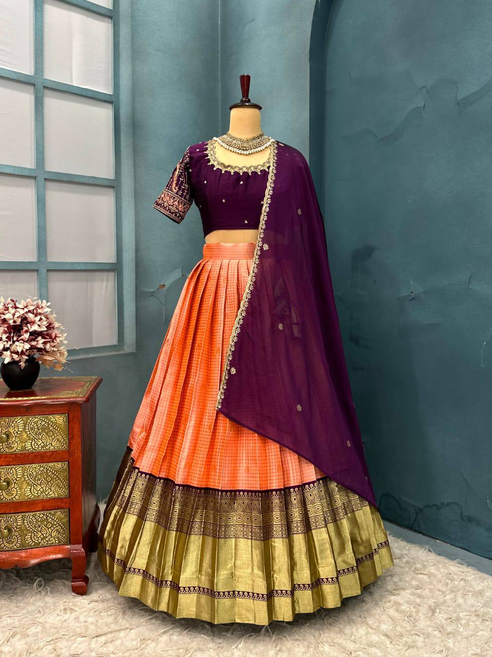 Exquisite Pure Kanjivaram Silk Ready-to-Wear Designer Halfsaree Set with Heavy Maggam Work Blouse & Embroidered Dupatta