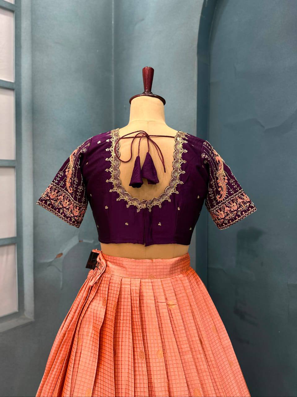 Exquisite Pure Kanjivaram Silk Ready-to-Wear Designer Halfsaree Set with Heavy Maggam Work Blouse & Embroidered Dupatta