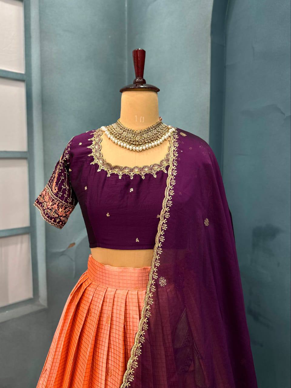 Exquisite Pure Kanjivaram Silk Ready-to-Wear Designer Halfsaree Set with Heavy Maggam Work Blouse & Embroidered Dupatta