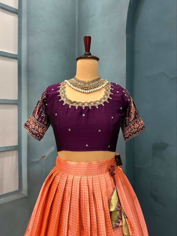Exquisite Pure Kanjivaram Silk Ready-to-Wear Designer Halfsaree Set with Heavy Maggam Work Blouse & Embroidered Dupatta