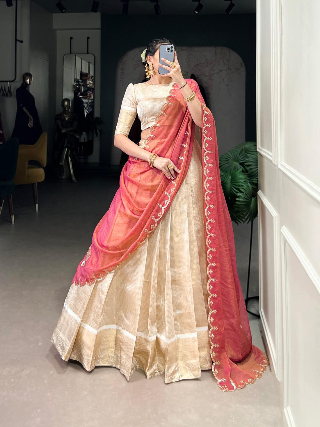 Jacquard Chex Zari Weaving Lehenga Set with Sequins Embroidered Dupatta
