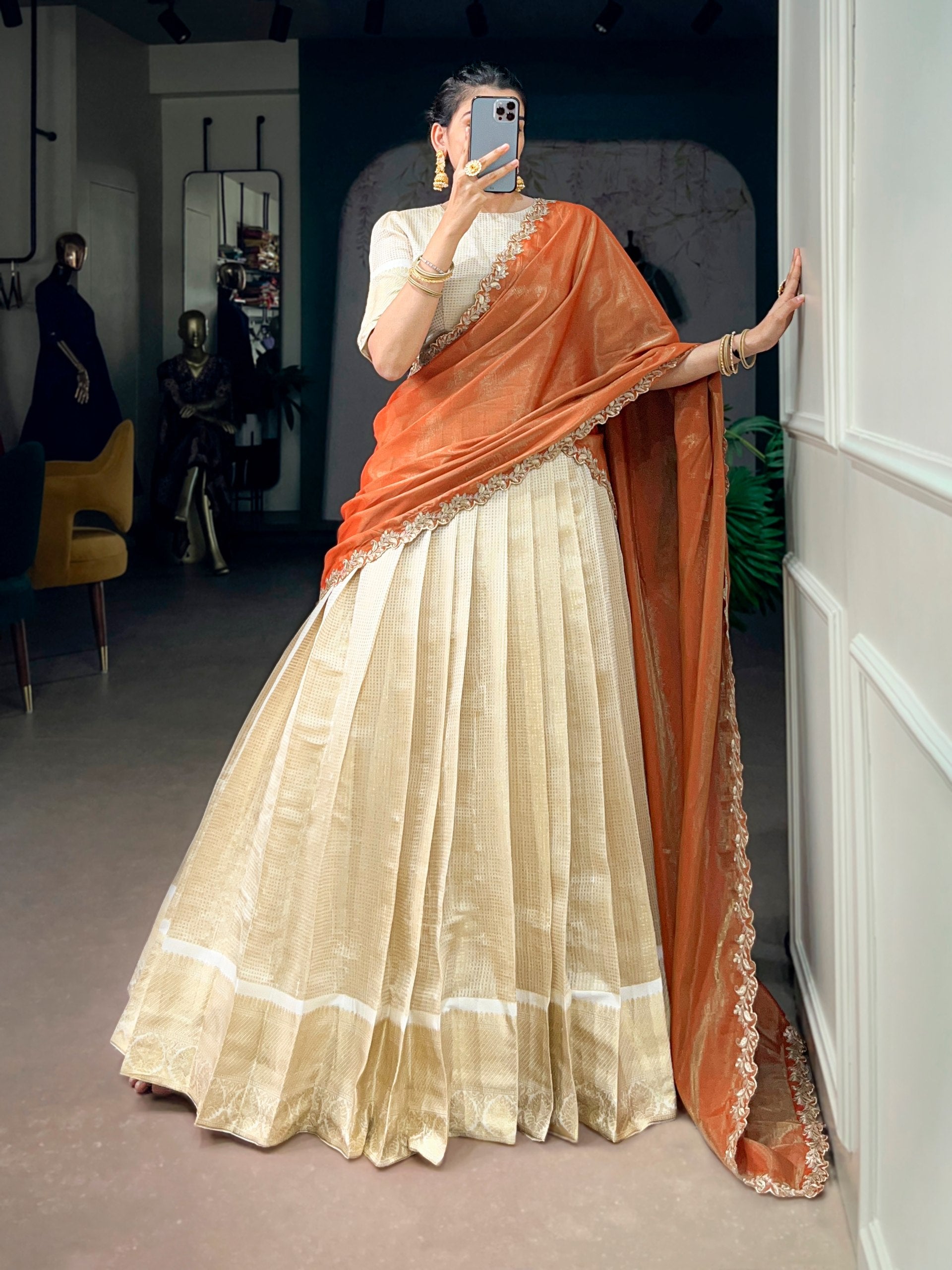 Jacquard Chex Zari Weaving Lehenga Set with Sequins Embroidered Dupatta