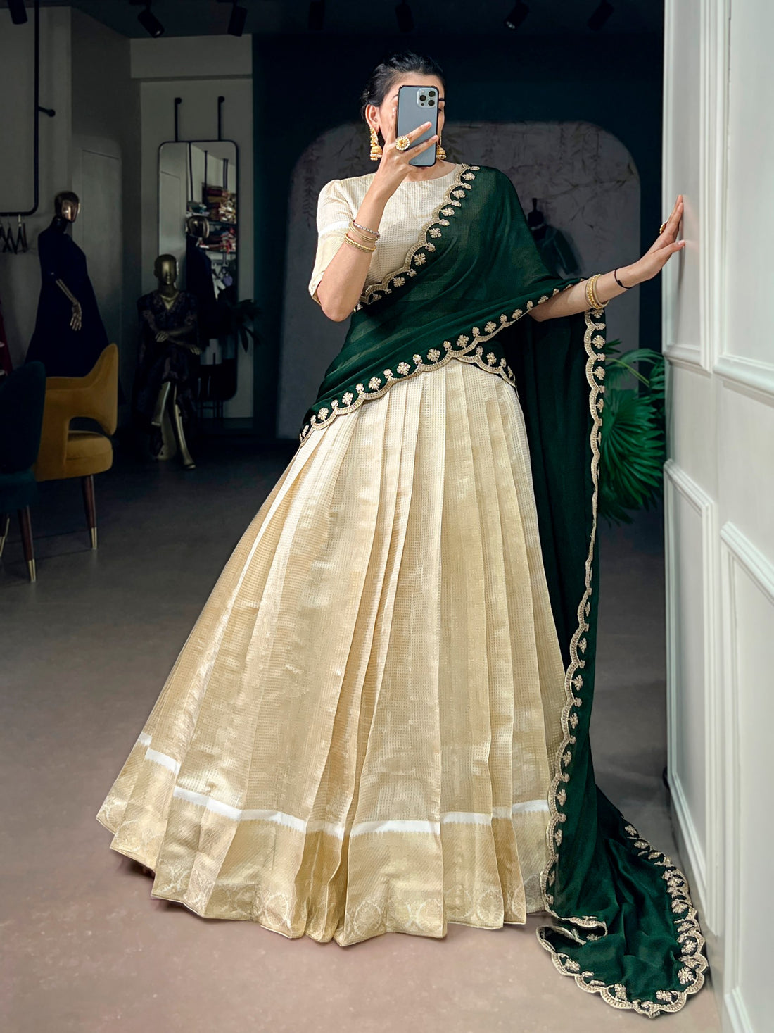 Jacquard Chex Zari Weaving Lehenga Set with Sequins Embroidered Dupatta