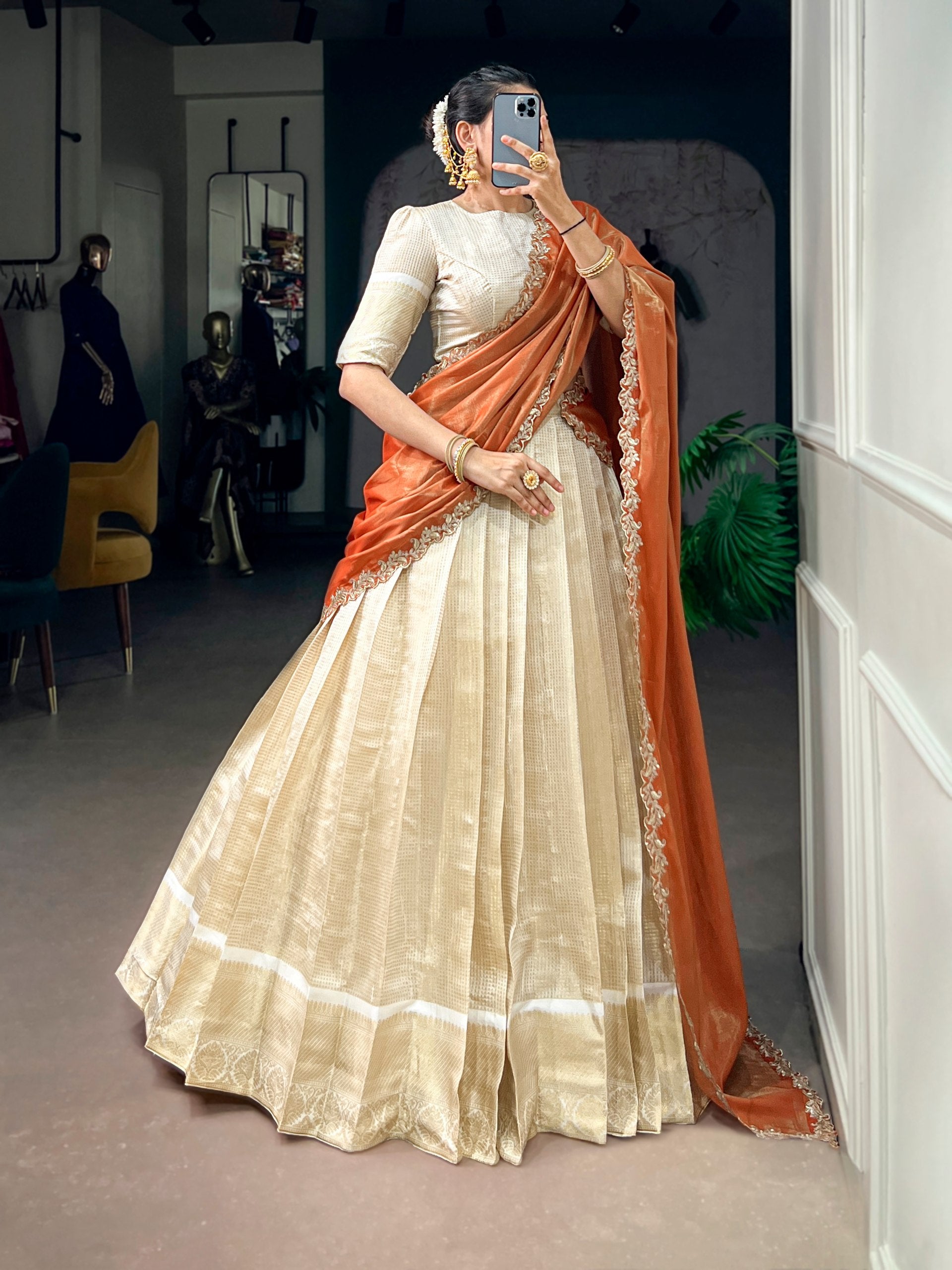 Jacquard Chex Zari Weaving Lehenga Set with Sequins Embroidered Dupatta