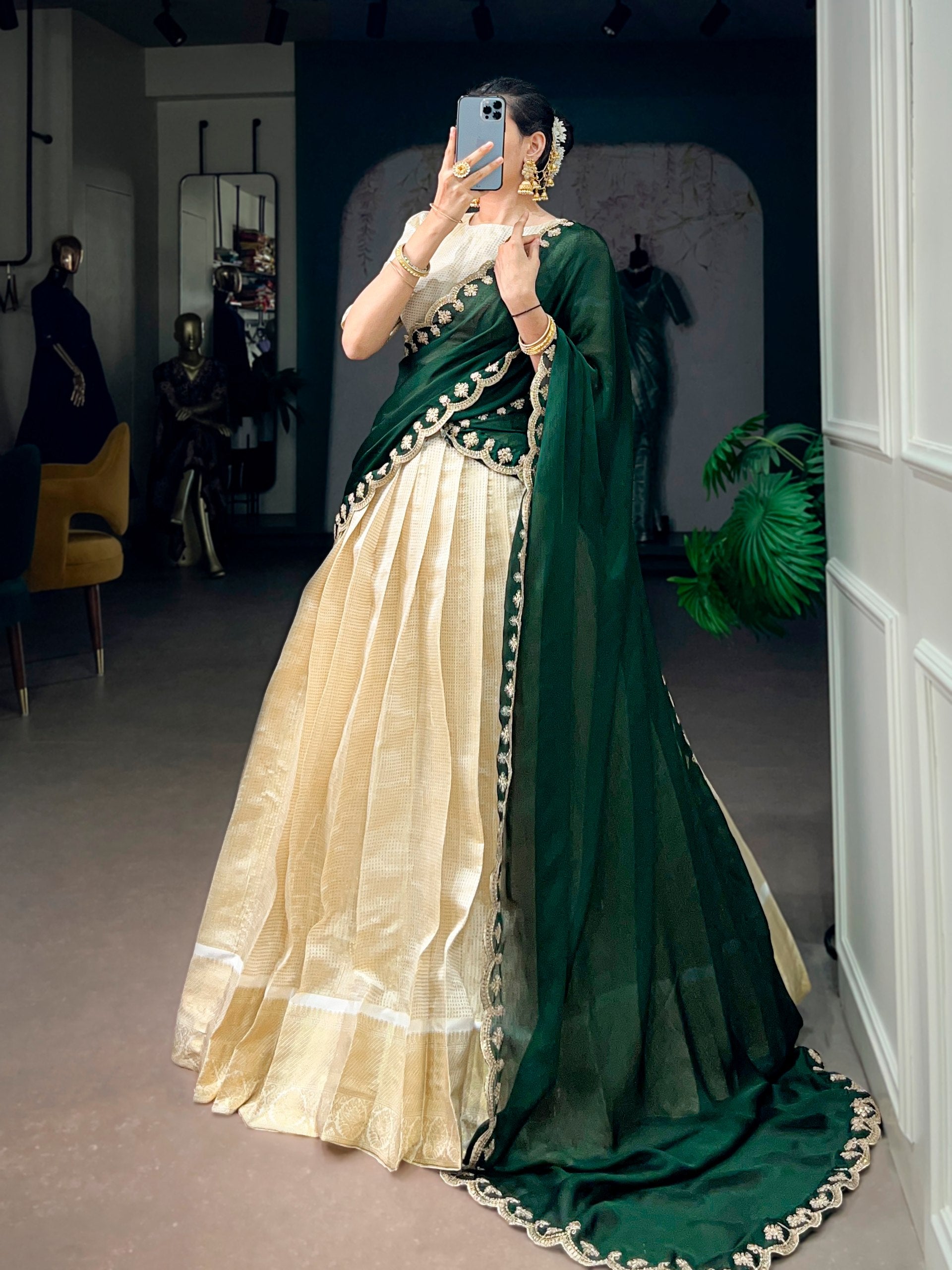 Jacquard Chex Zari Weaving Lehenga Set with Sequins Embroidered Dupatta