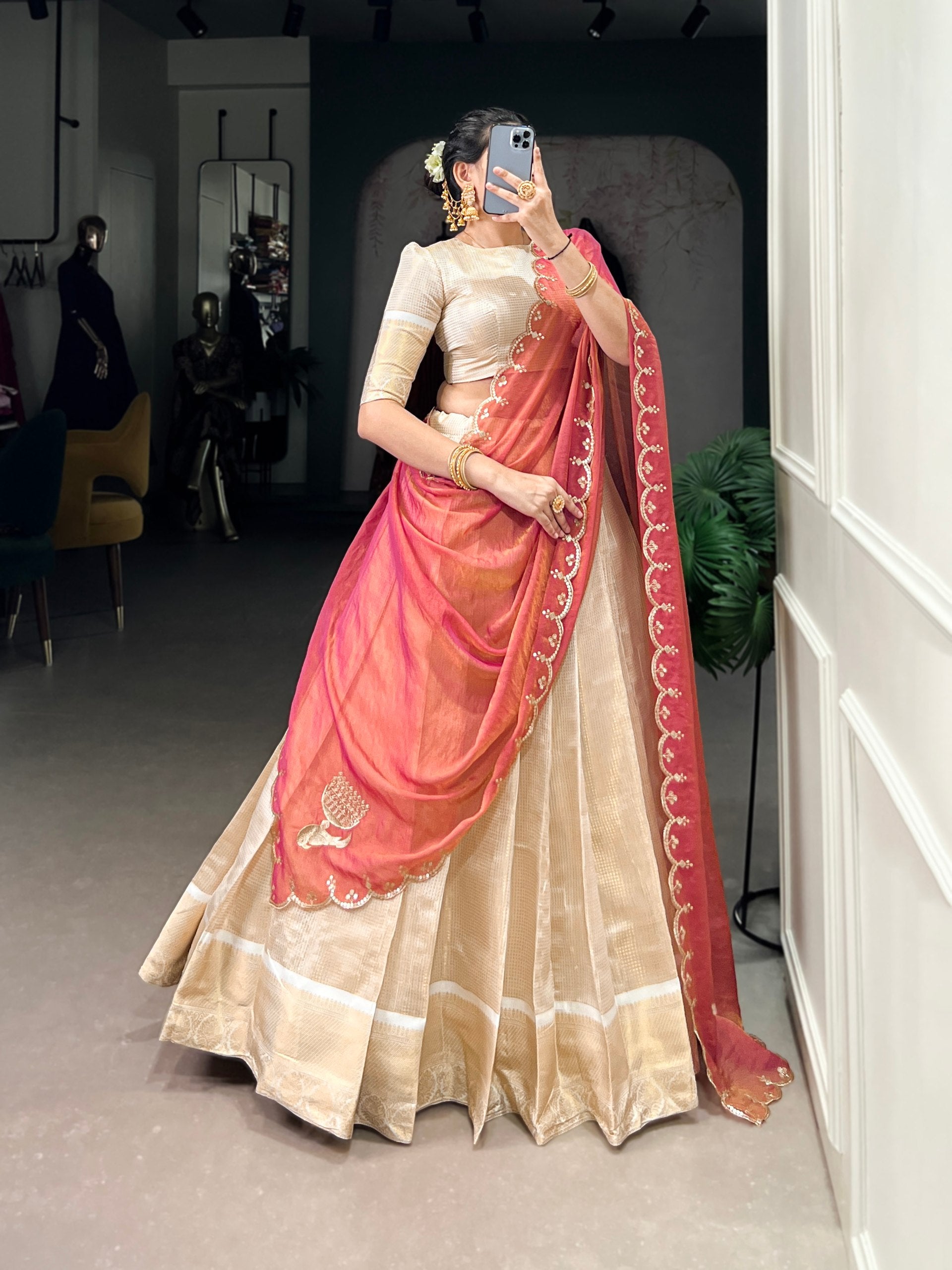 Jacquard Chex Zari Weaving Lehenga Set with Sequins Embroidered Dupatta