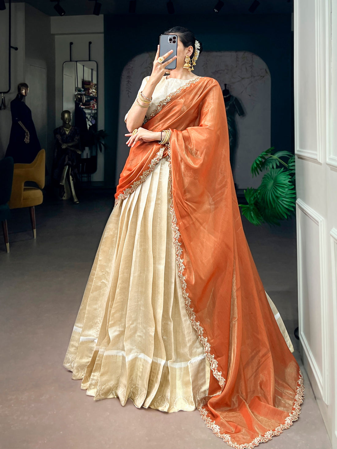 Jacquard Chex Zari Weaving Lehenga Set with Sequins Embroidered Dupatta