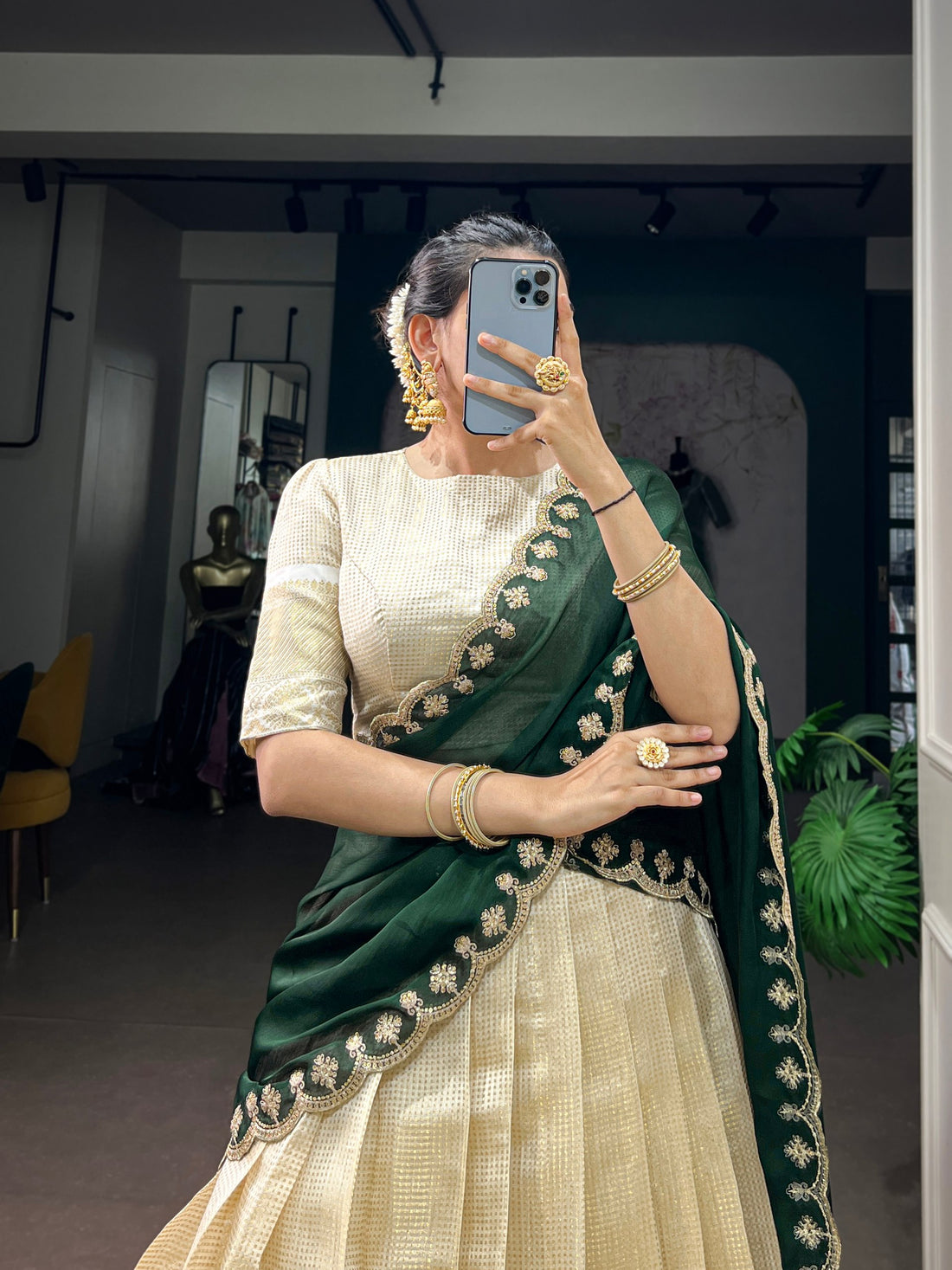 Jacquard Chex Zari Weaving Lehenga Set with Sequins Embroidered Dupatta