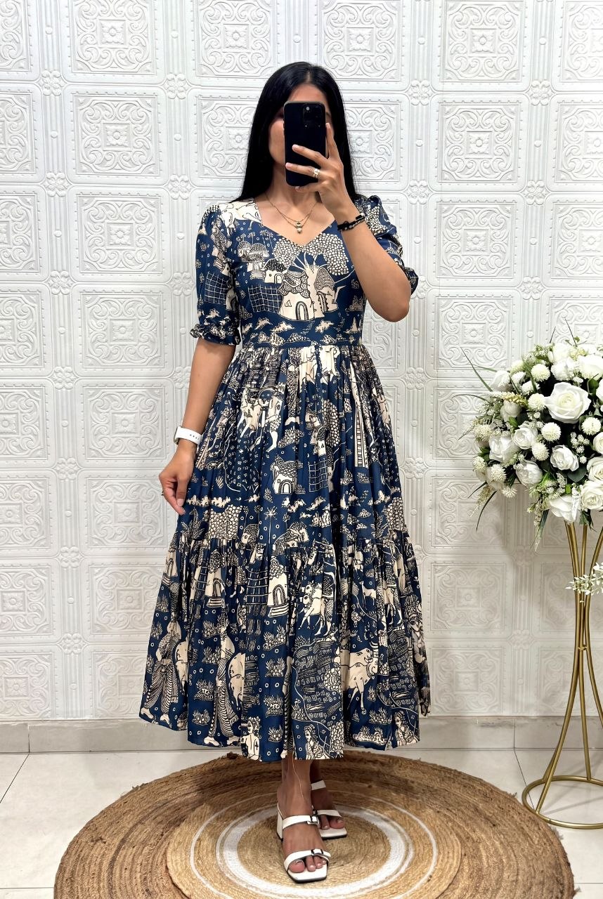 Muslin Cotton 2-Layer Printed Stylish Ethnic Dress (Available in Sizes S to XXXL)
