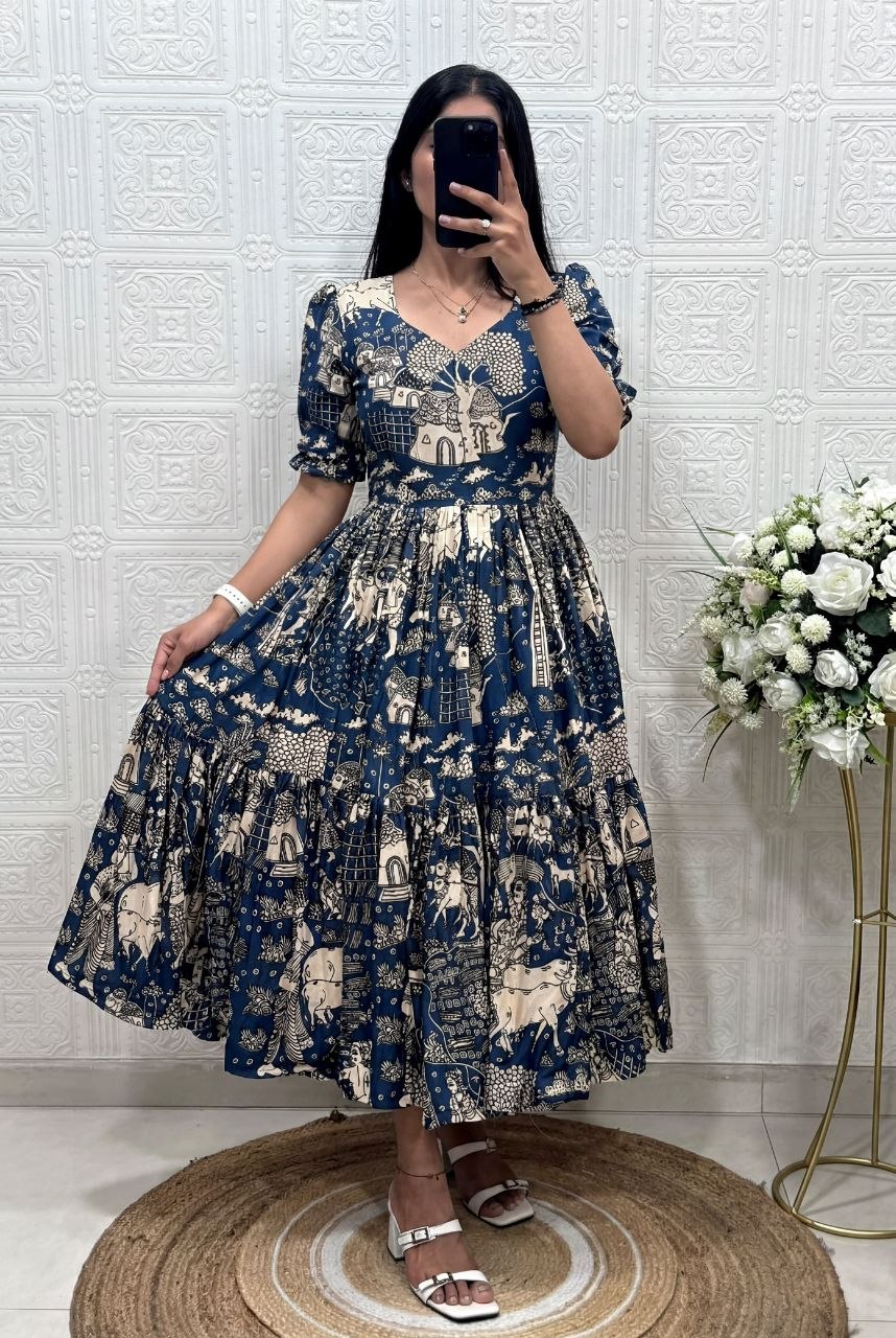 Muslin Cotton 2-Layer Printed Stylish Ethnic Dress (Available in Sizes S to XXXL)