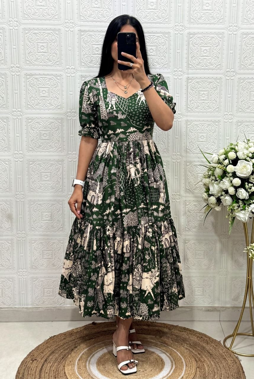 Muslin Cotton 2-Layer Printed Stylish Ethnic Dress (Available in Sizes S to XXXL)
