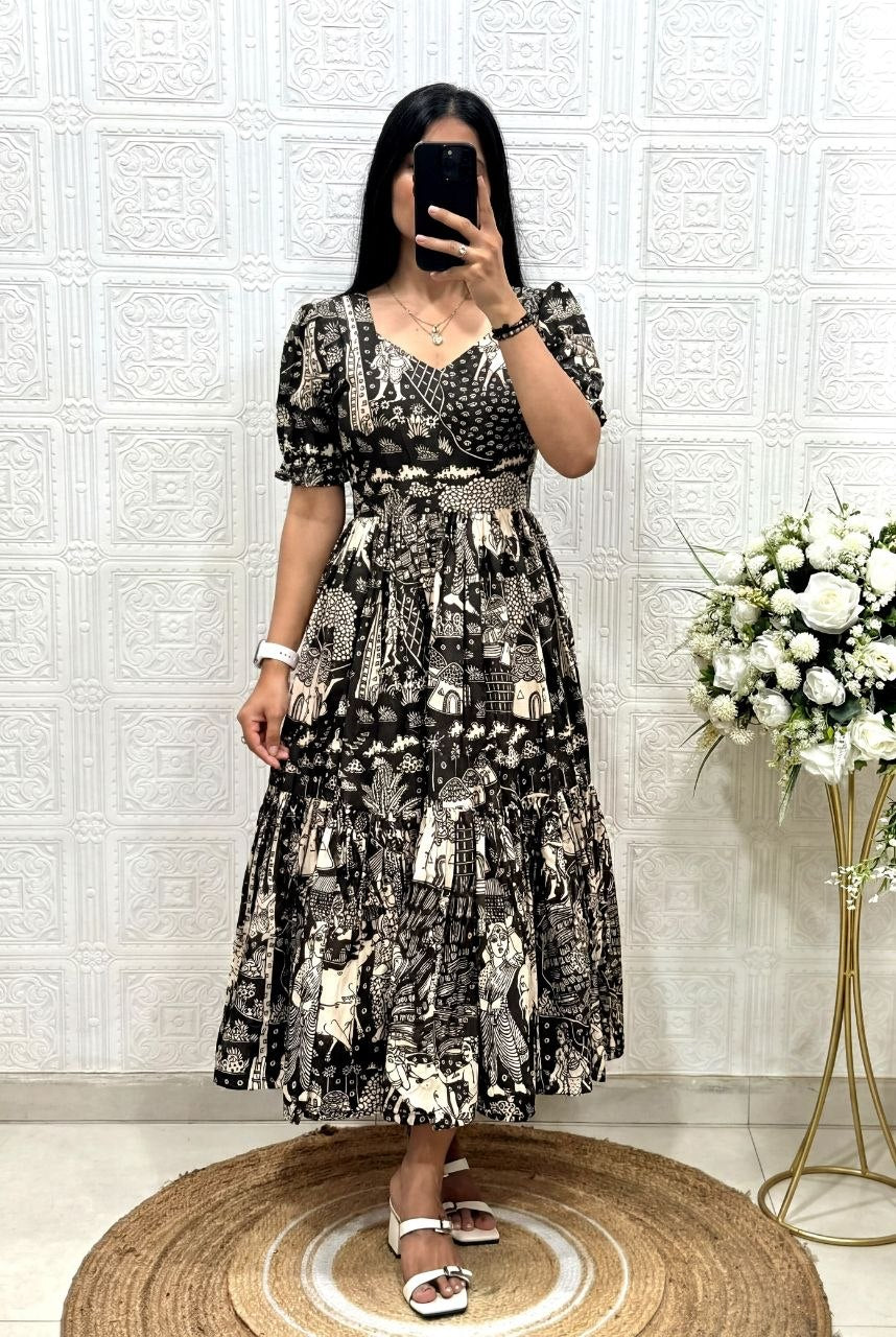 Muslin Cotton 2-Layer Printed Stylish Ethnic Dress (Available in Sizes S to XXXL)