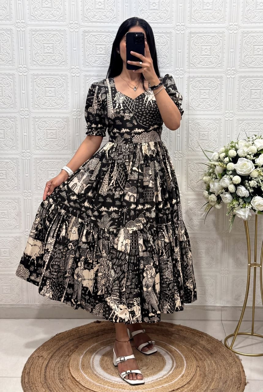 Muslin Cotton 2-Layer Printed Stylish Ethnic Dress (Available in Sizes S to XXXL)