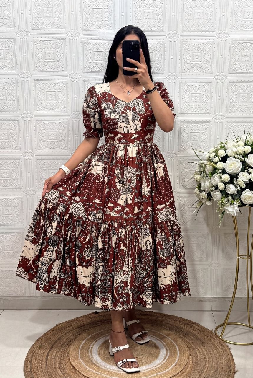 Muslin Cotton 2-Layer Printed Stylish Ethnic Dress (Available in Sizes S to XXXL)