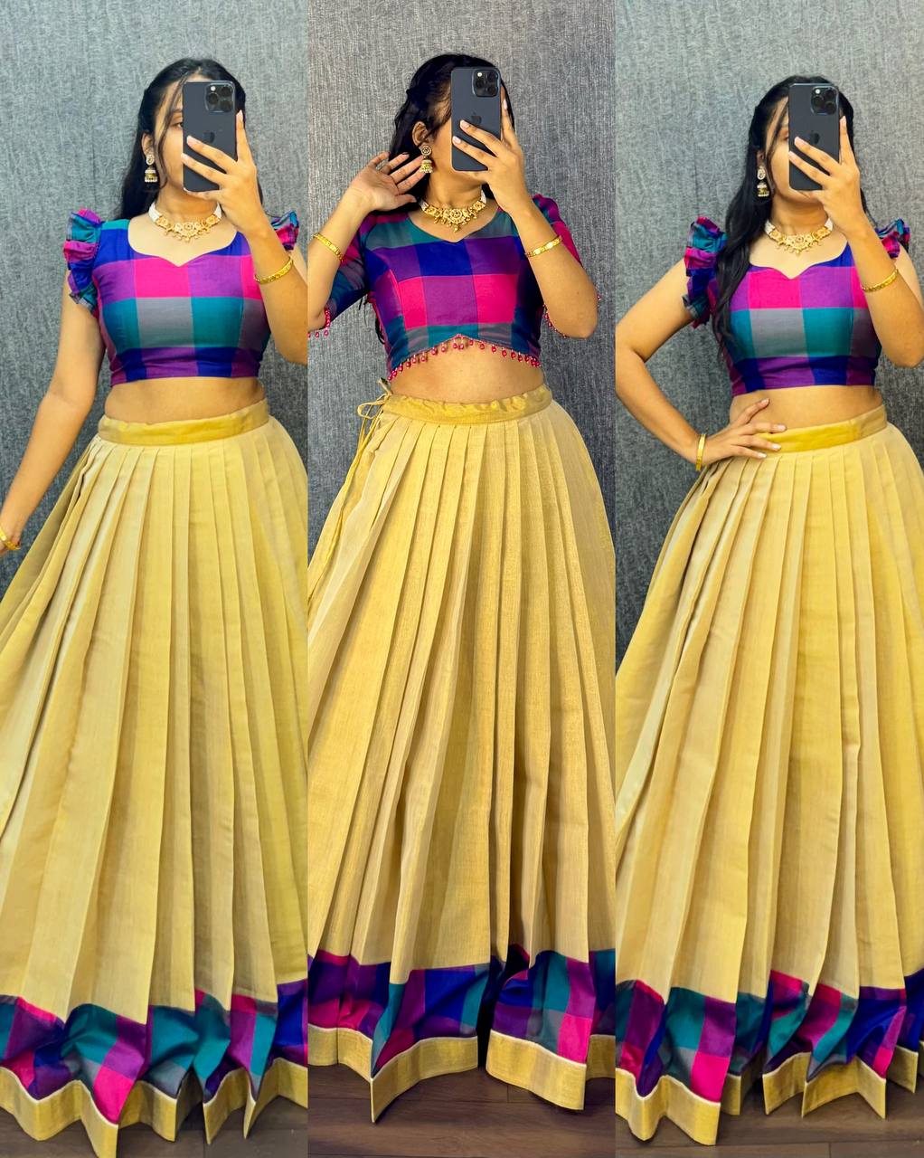 Designer Original Kerala Pattu Gown with Madras Cotton Silk Chex Border, Micro Lining, 43+ Length, Multiple Sizes (S to 3XL)