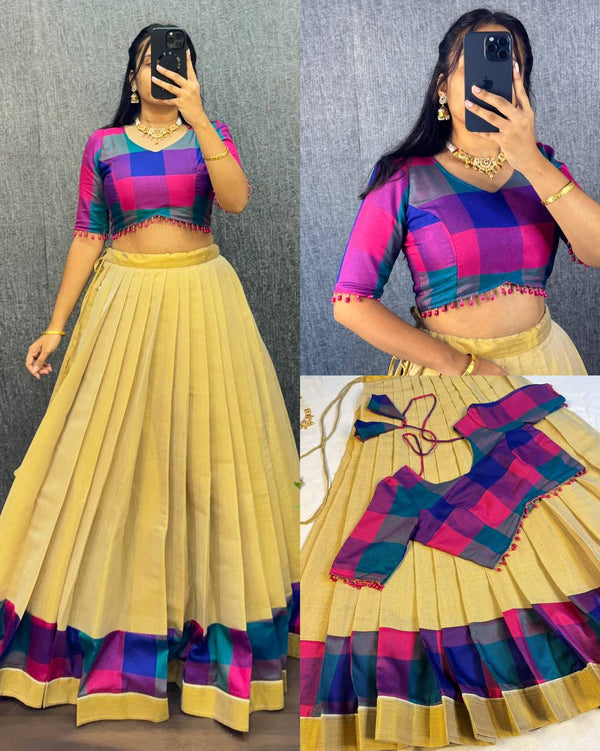 Designer Original Kerala Pattu Gown with Madras Cotton Silk Chex Border, Micro Lining, 43+ Length, Multiple Sizes (S to 3XL)
