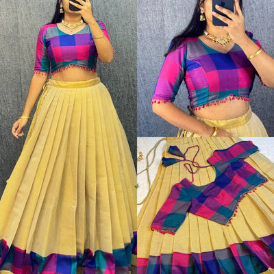 Designer Original Kerala Pattu Gown with Madras Cotton Silk Chex Border, Micro Lining, 43+ Length, Multiple Sizes (S to 3XL)