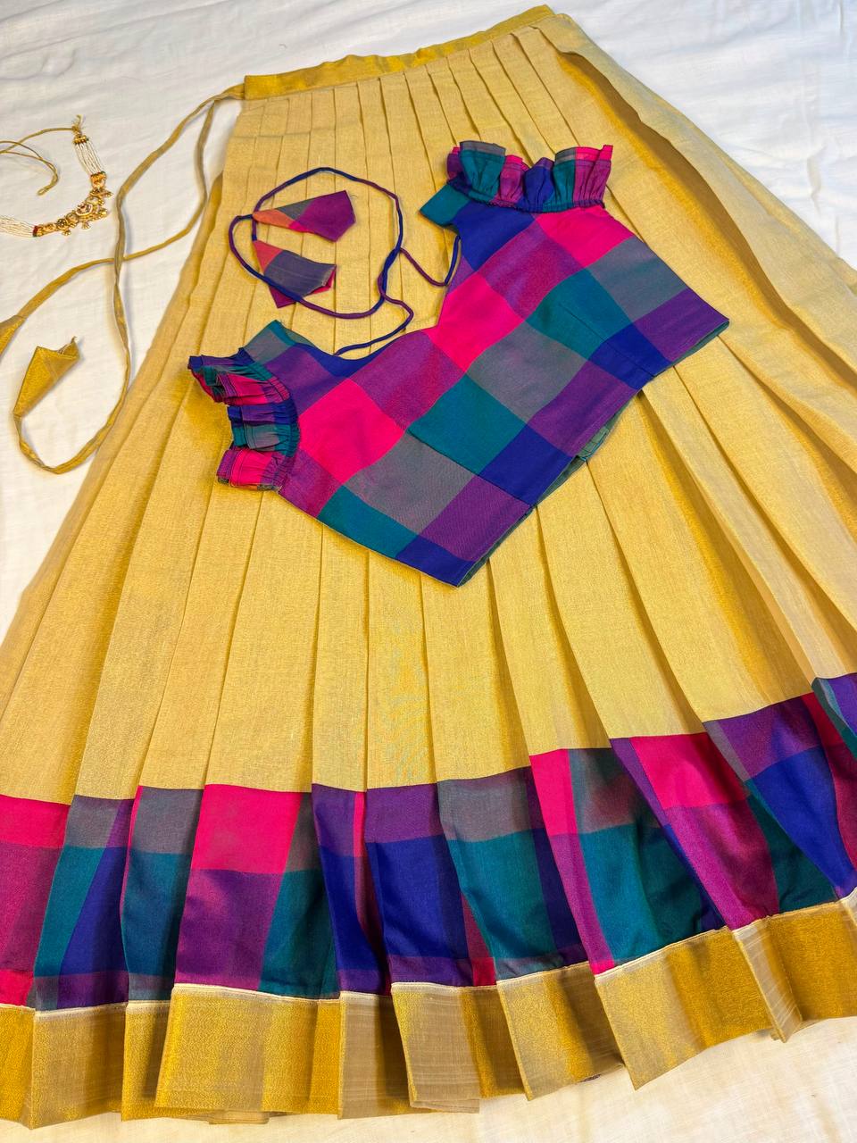 Designer Original Kerala Pattu Gown with Madras Cotton Silk Chex Border, Micro Lining, 43+ Length, Multiple Sizes (S to 3XL)