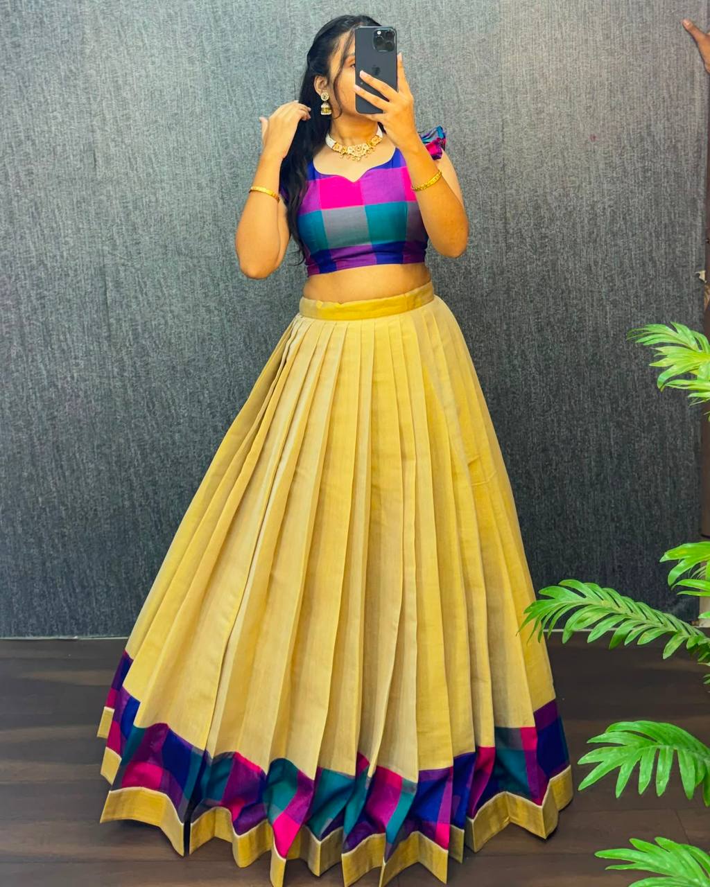 Designer Original Kerala Pattu Gown with Madras Cotton Silk Chex Border, Micro Lining, 43+ Length, Multiple Sizes (S to 3XL)