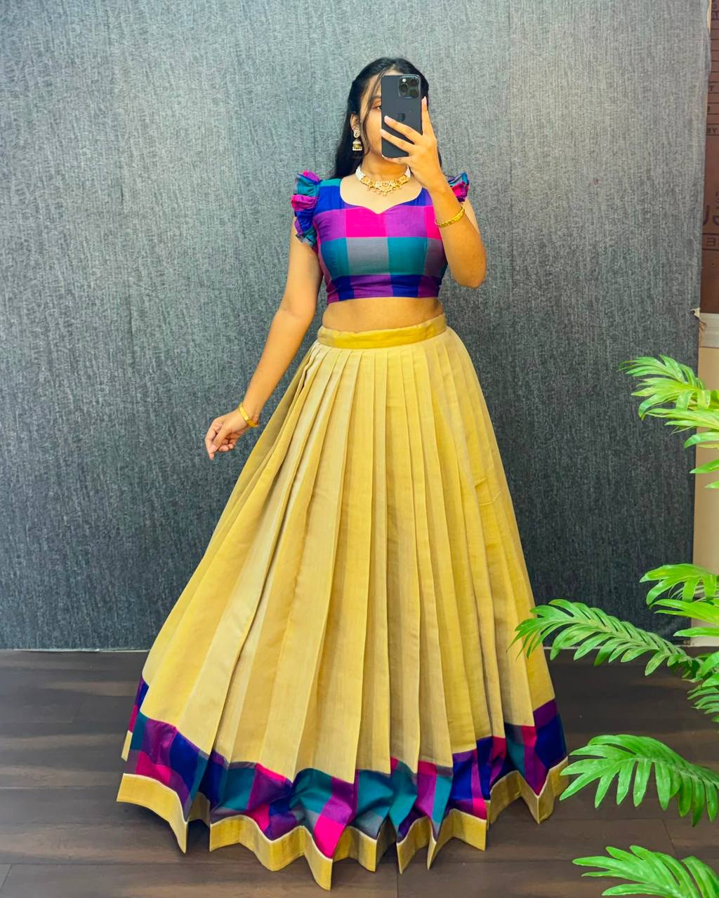 Designer Original Kerala Pattu Gown with Madras Cotton Silk Chex Border, Micro Lining, 43+ Length, Multiple Sizes (S to 3XL)