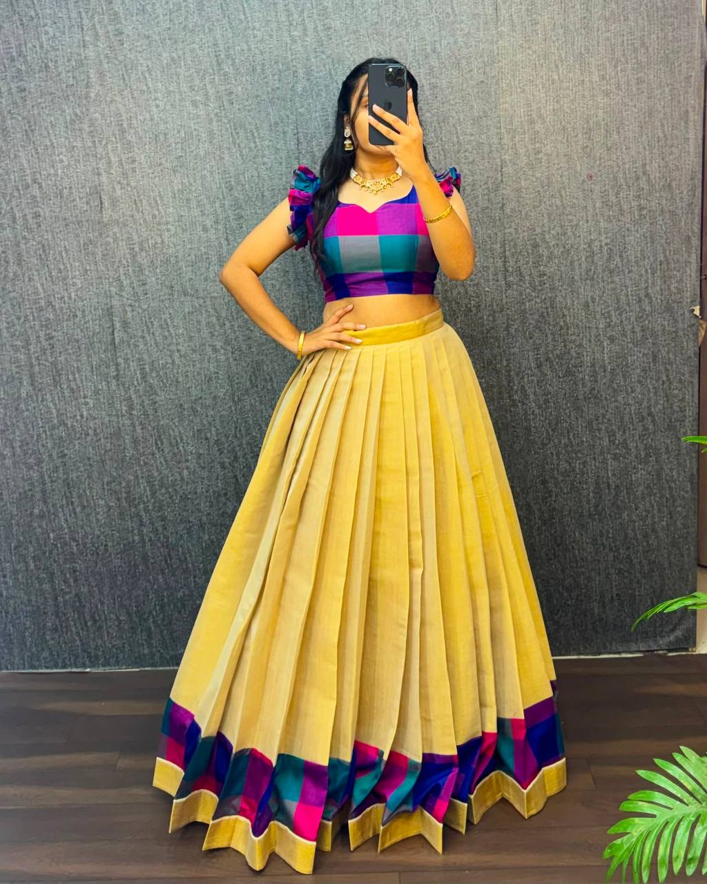 Designer Original Kerala Pattu Gown with Madras Cotton Silk Chex Border, Micro Lining, 43+ Length, Multiple Sizes (S to 3XL)