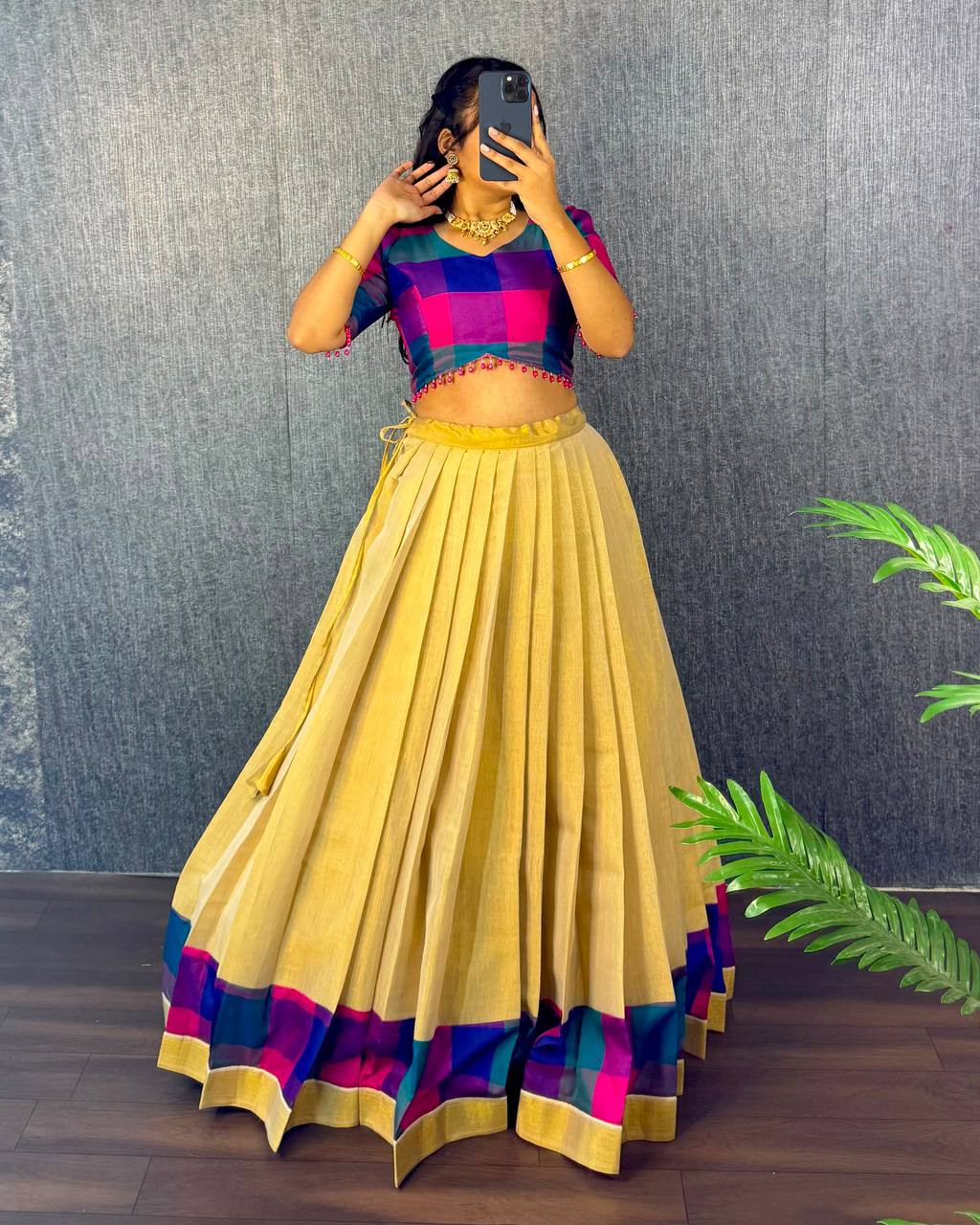 Designer Original Kerala Pattu Gown with Madras Cotton Silk Chex Border, Micro Lining, 43+ Length, Multiple Sizes (S to 3XL)
