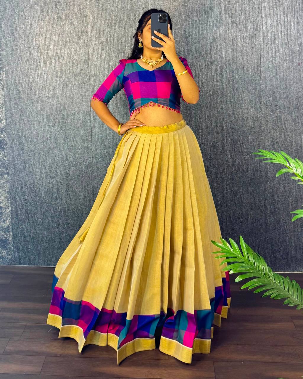 Designer Original Kerala Pattu Gown with Madras Cotton Silk Chex Border, Micro Lining, 43+ Length, Multiple Sizes (S to 3XL)