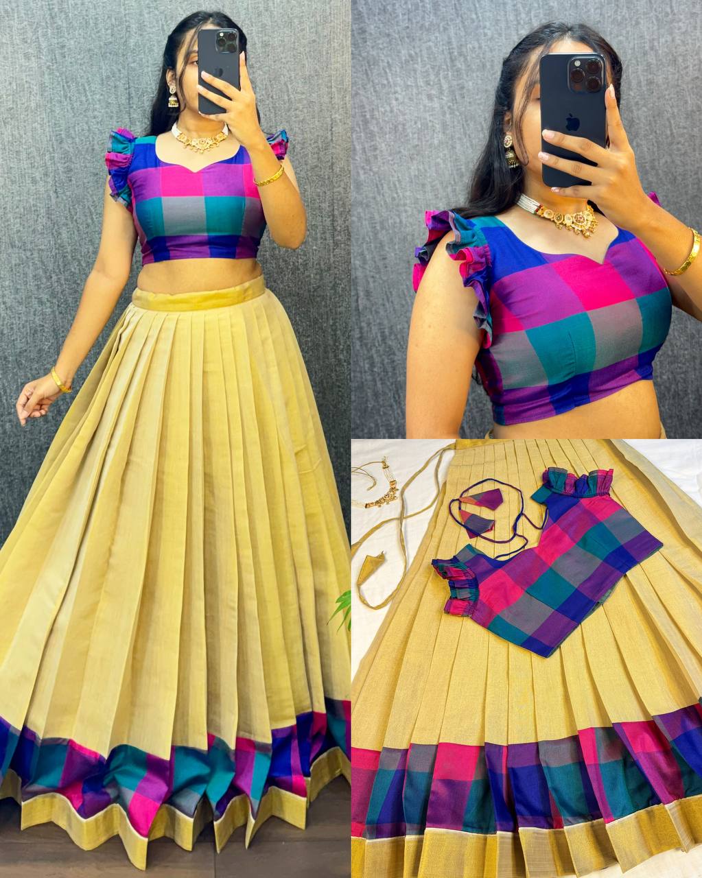 Designer Original Kerala Pattu Gown with Madras Cotton Silk Chex Border, Micro Lining, 43+ Length, Multiple Sizes (S to 3XL)