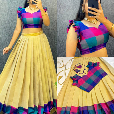 Designer Original Kerala Pattu Gown with Madras Cotton Silk Chex Border, Micro Lining, 43+ Length, Multiple Sizes (S to 3XL)