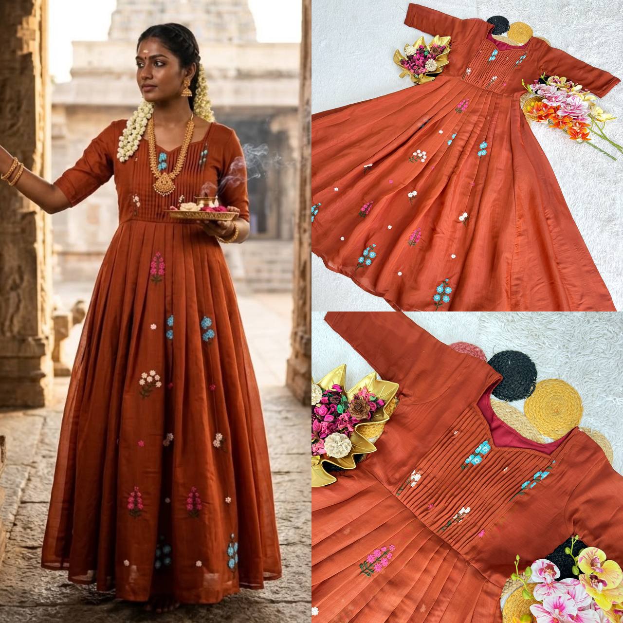 Festive Special Embroidered Mul Cotton Gown with 4.5M Flair