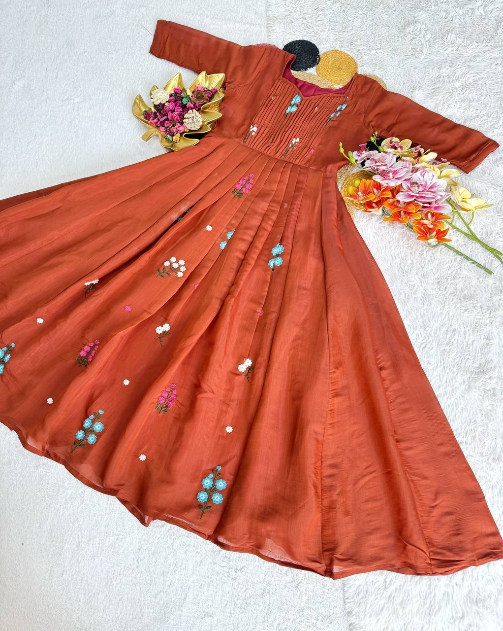 Festive Special Embroidered Mul Cotton Gown with 4.5M Flair
