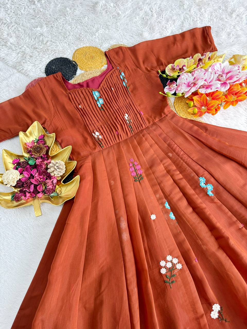 Festive Special Embroidered Mul Cotton Gown with 4.5M Flair