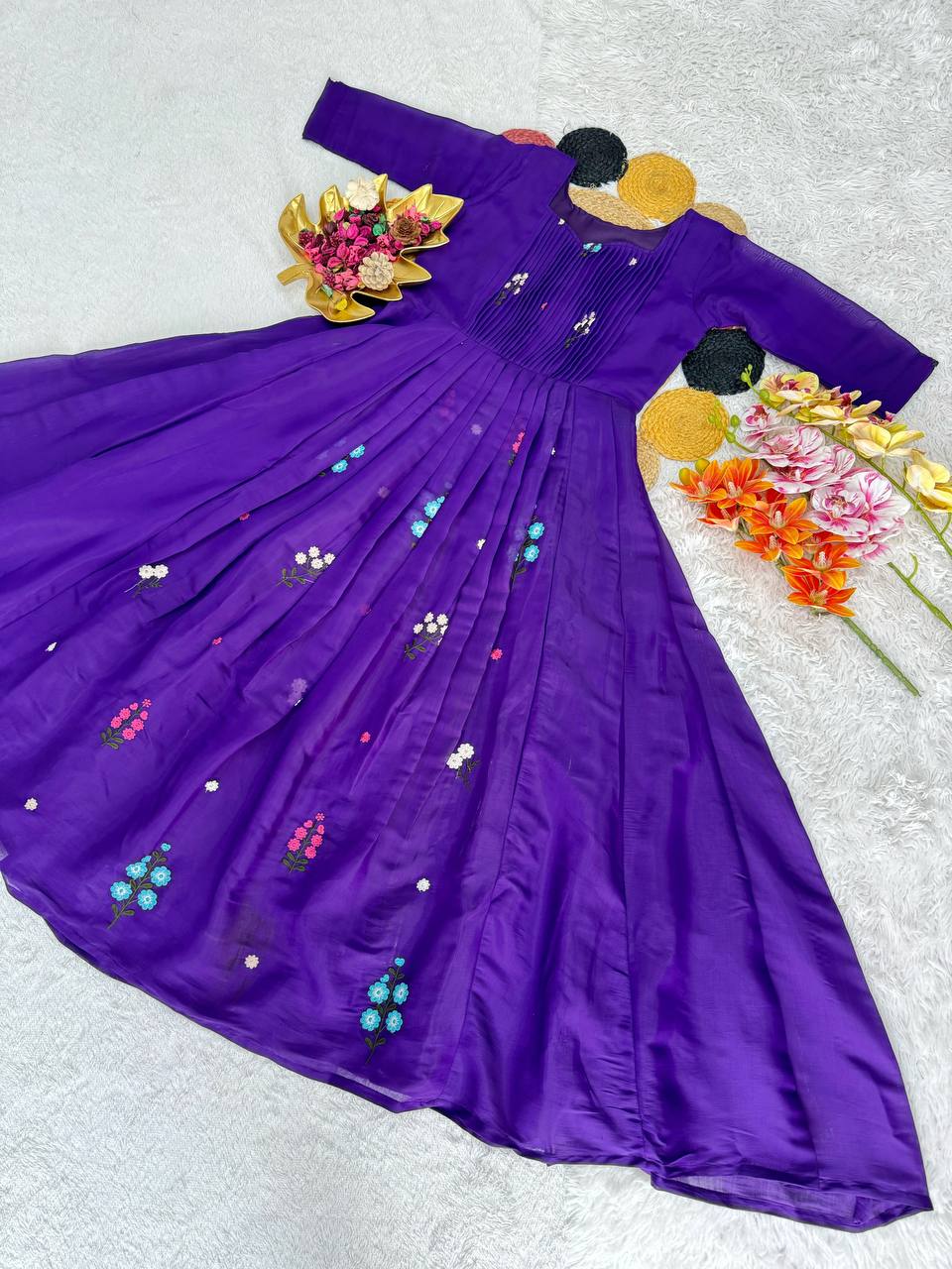 Festive Special Embroidered Mul Cotton Gown with 4.5M Flair