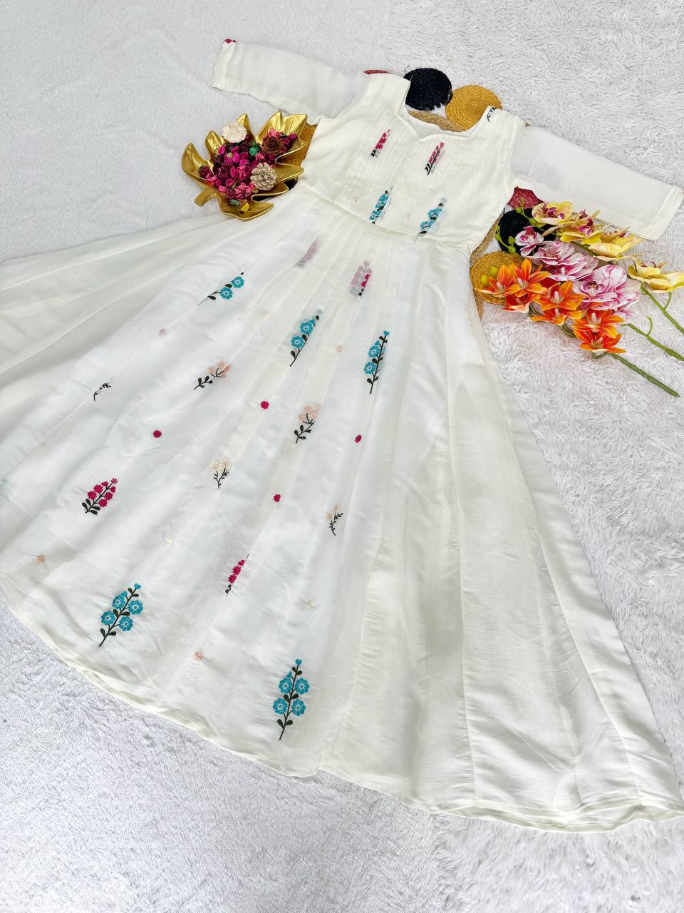 Festive Special Embroidered Mul Cotton Gown with 4.5M Flair