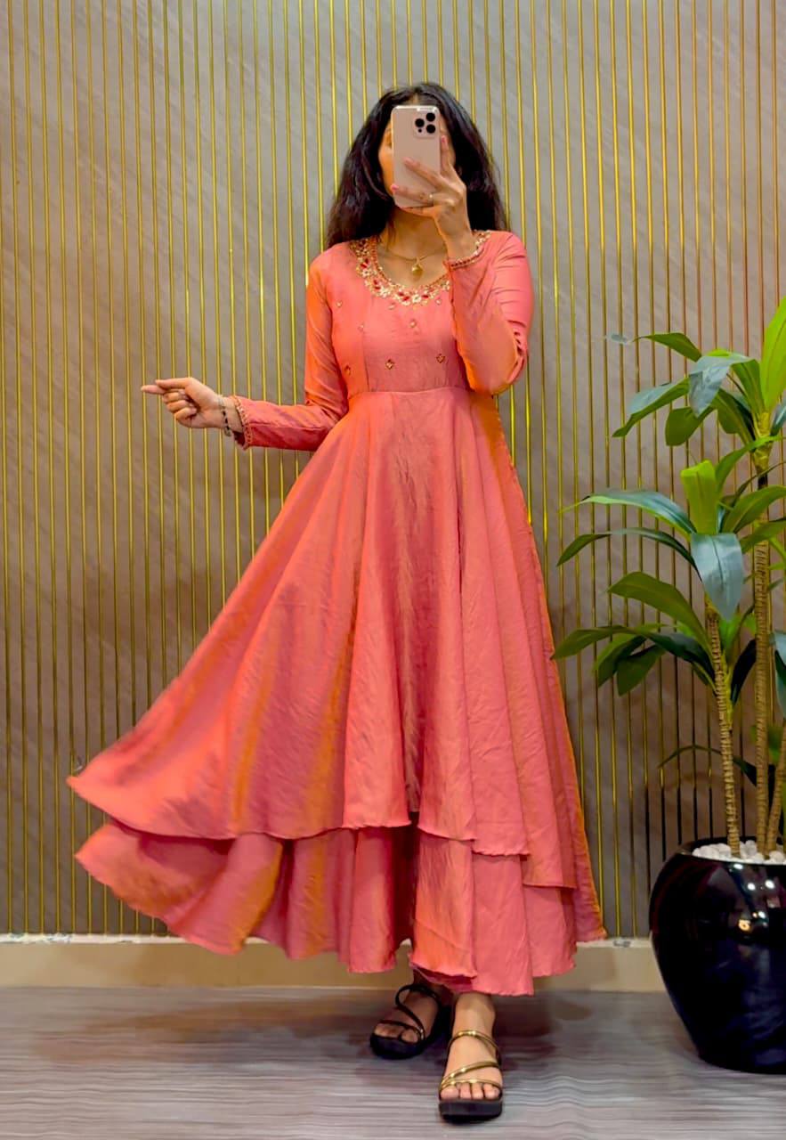 Kalyani Sindoor Tissue Silk Designer Maggam Work Gown with Rangoli Silk Dupatta