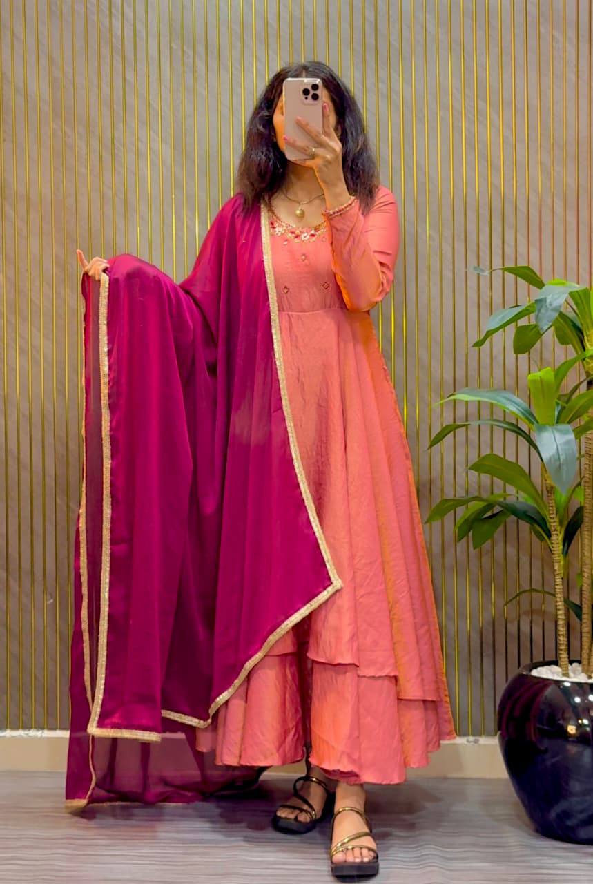 Kalyani Sindoor Tissue Silk Designer Maggam Work Gown with Rangoli Silk Dupatta