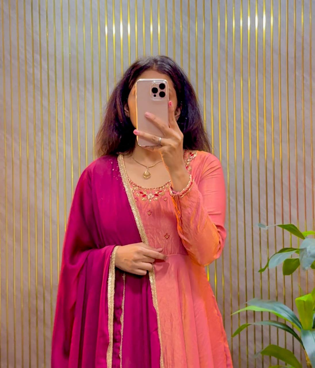 Kalyani Sindoor Tissue Silk Designer Maggam Work Gown with Rangoli Silk Dupatta