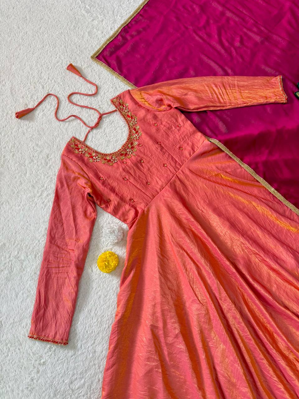 Kalyani Sindoor Tissue Silk Designer Maggam Work Gown with Rangoli Silk Dupatta