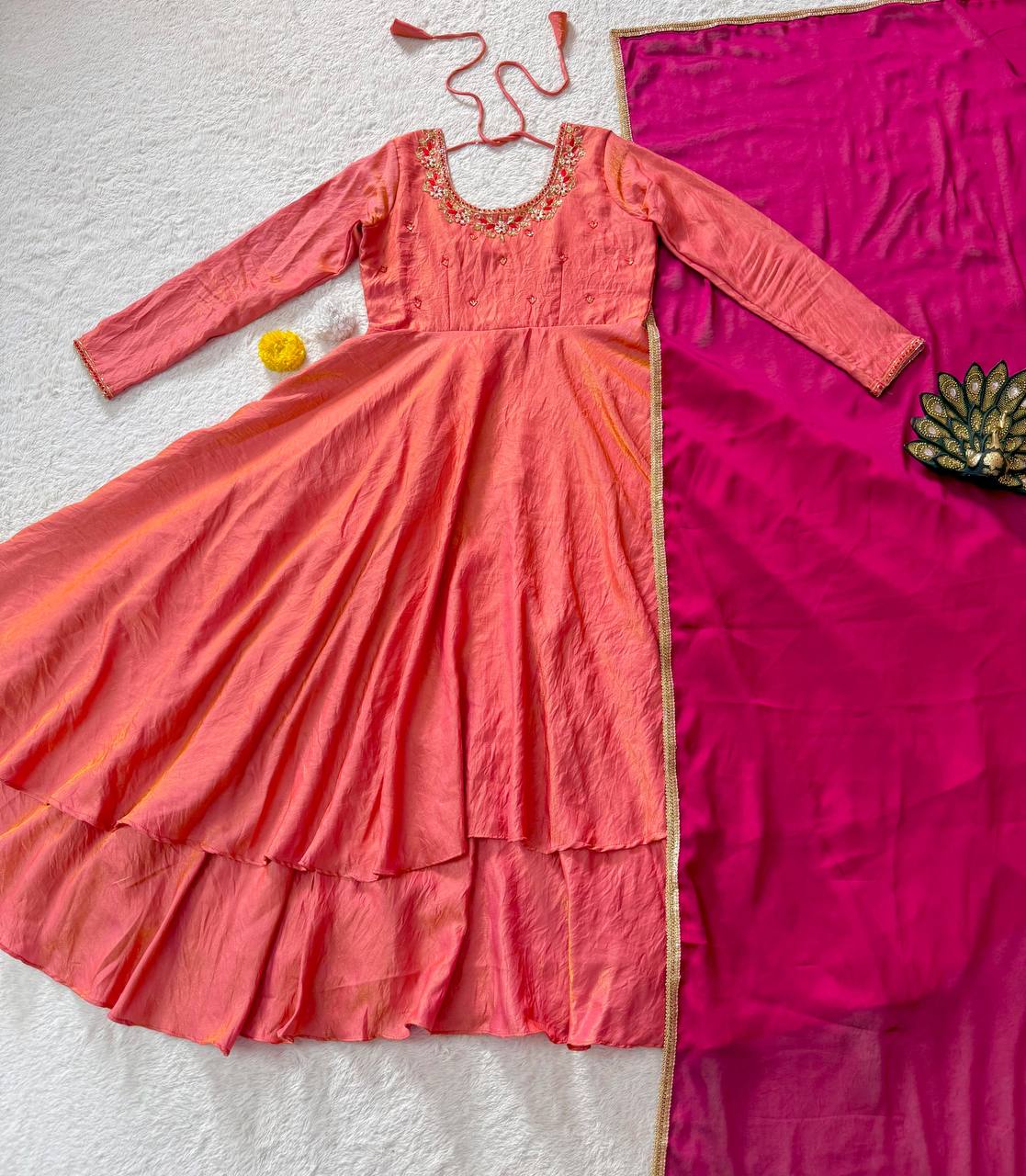 Kalyani Sindoor Tissue Silk Designer Maggam Work Gown with Rangoli Silk Dupatta