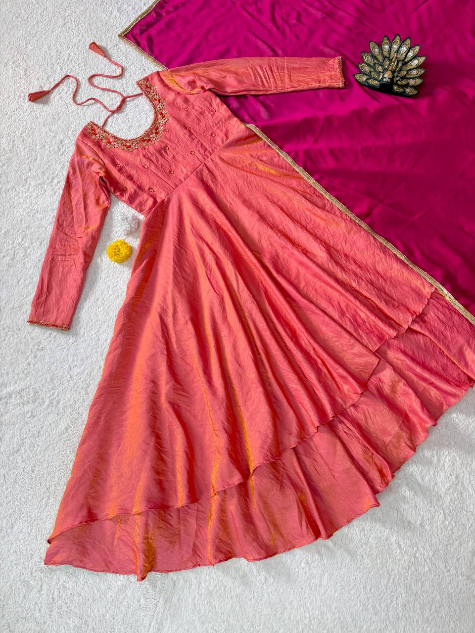 Kalyani Sindoor Tissue Silk Designer Maggam Work Gown with Rangoli Silk Dupatta