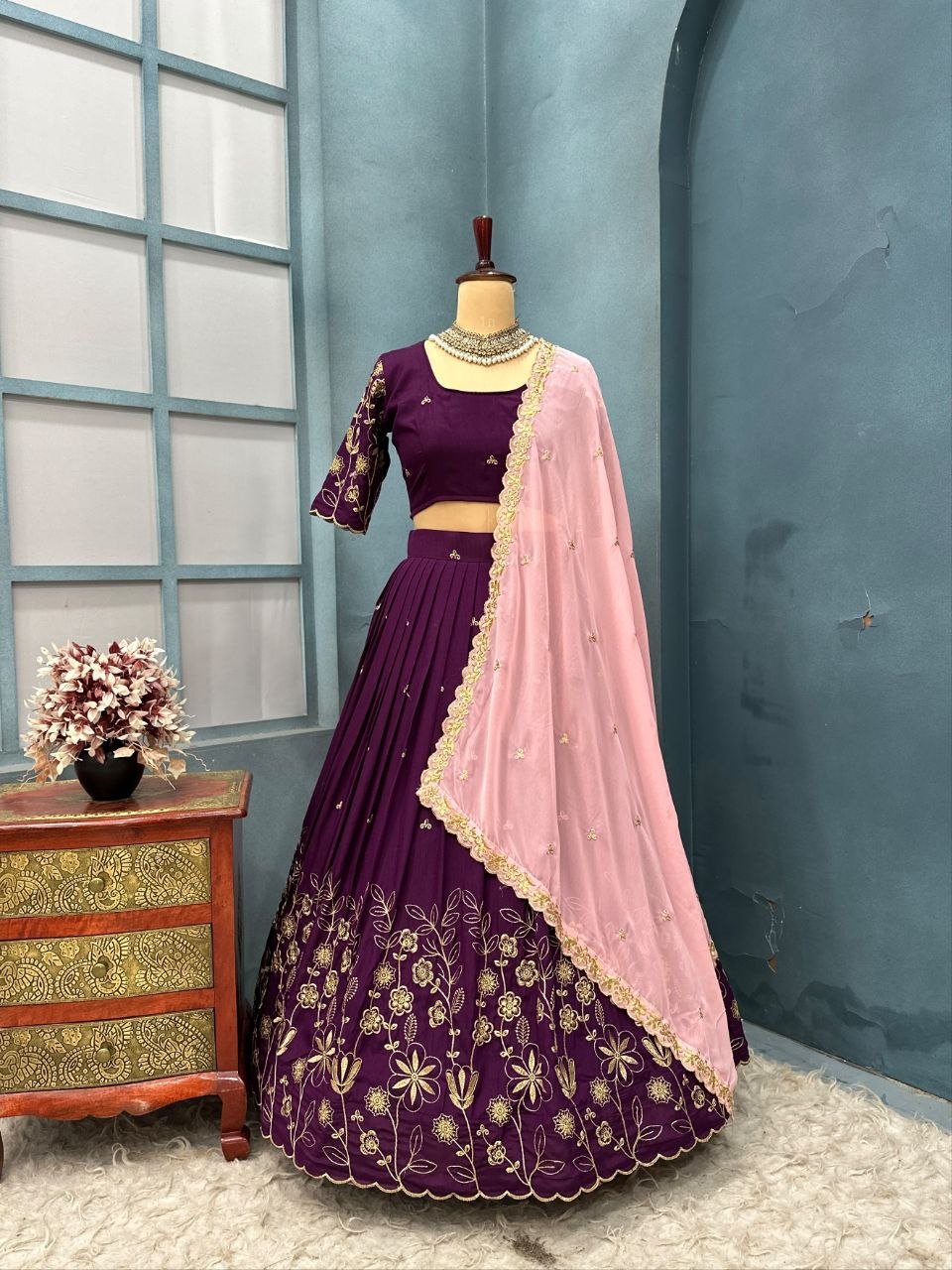 Floral Vichitra Silk Lehenga Set with Blush Pink Dupatta