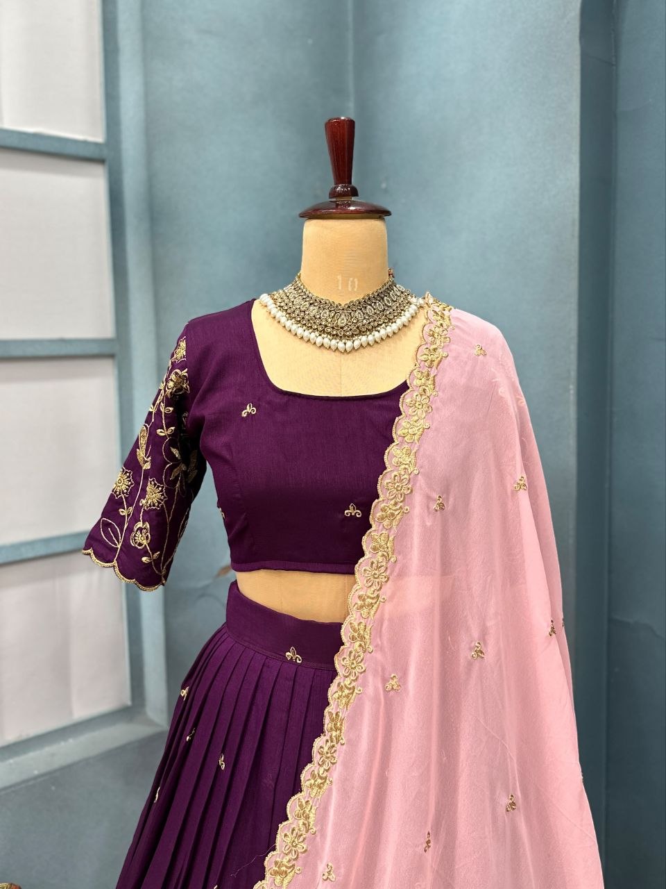 Floral Vichitra Silk Lehenga Set with Blush Pink Dupatta