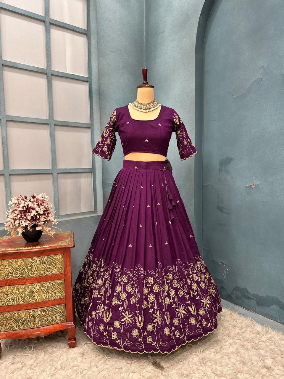 Floral Vichitra Silk Lehenga Set with Blush Pink Dupatta