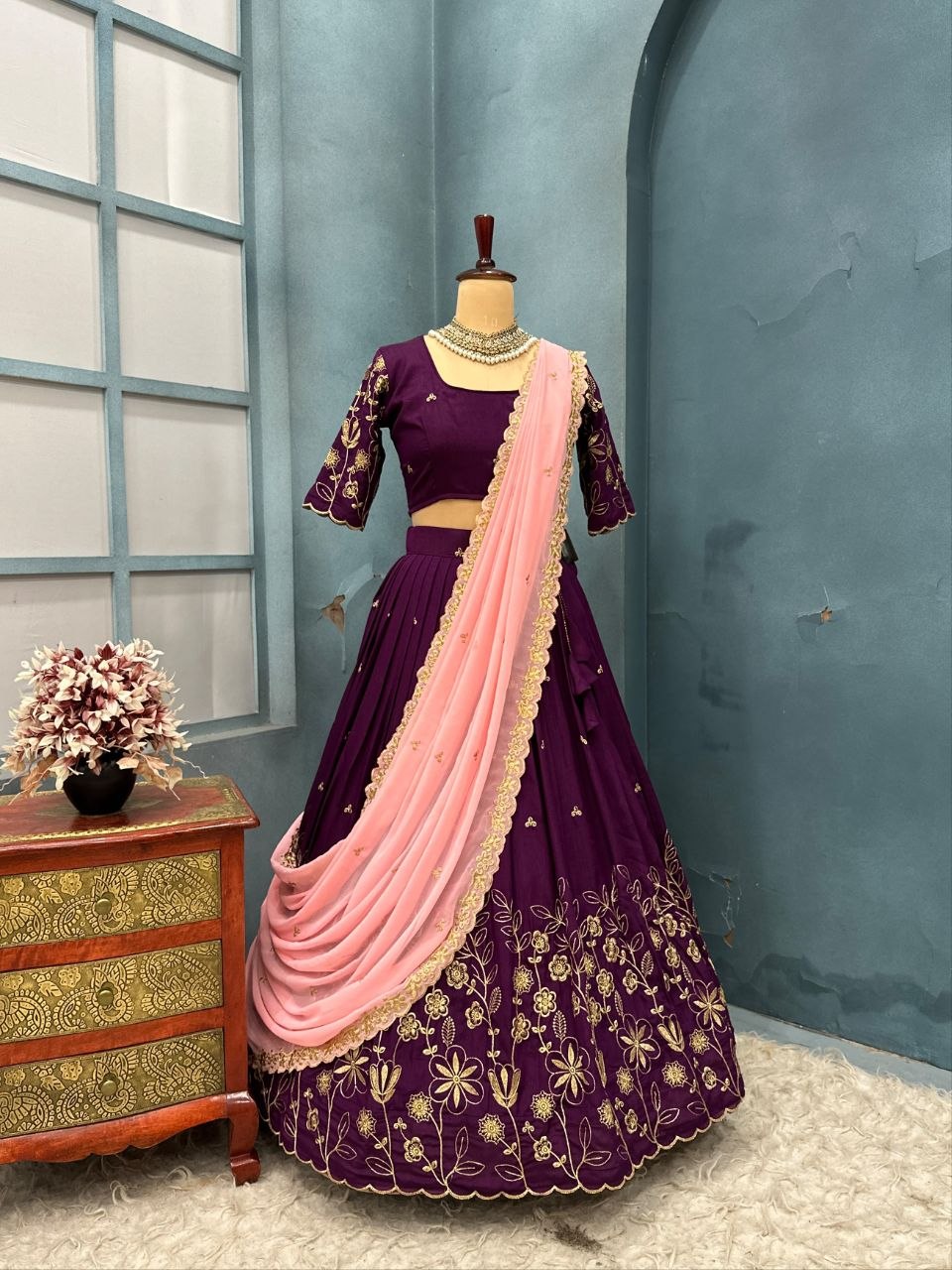 Floral Vichitra Silk Lehenga Set with Blush Pink Dupatta